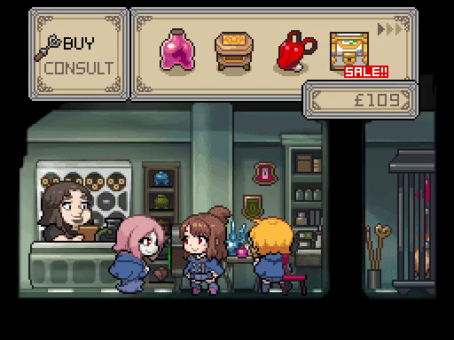 1boy 3girls animated animated_gif broom brown_hair cage capelet chair commentary_request crest facial_hair fake_screenshot goatee heads-up_display kagari_atsuko lavender_hair little_witch_academia lotte_yanson multiple_girls mushroom orange_hair pixel_art potion red_eyes shelf shirosu shop sucy_manbavaran thought_bubble treasure_chest ugoira wand