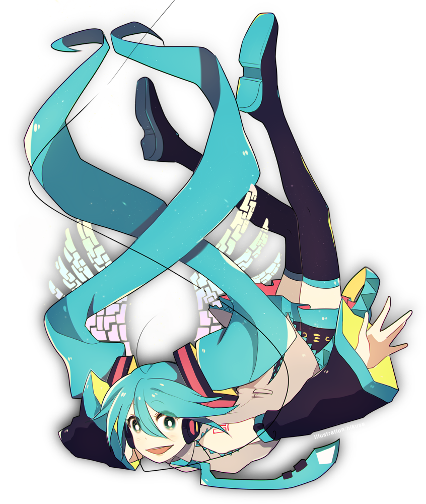 1girl :d aqua_eyes aqua_hair artist_name black_legwear boots detached_sleeves detached_wings digital_dissolve fallen_down hand_on_headphones hatsune_miku headphones headset hikusa long_hair looking_at_viewer necktie open_mouth outstretched_arms pleated_skirt skirt smile solo thigh-highs thigh_boots twintails very_long_hair vocaloid wings