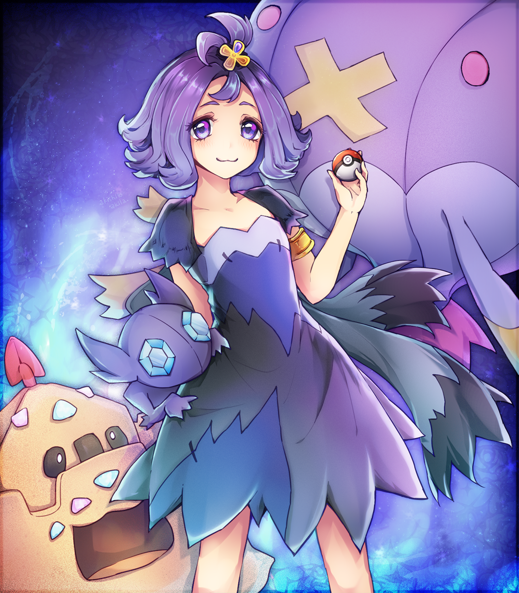 1girl :3 acerola_(pokemon) akira_(aky-la) arm_behind_back armlet artbook bare_arms blush closed_mouth collarbone dress drifblim elite_four eyelashes eyes_visible_through_hair facing_viewer flat_chest flipped_hair flower gem hair_flower hair_ornament highres holding holding_poke_ball looking_at_viewer palossand poke_ball pokemon pokemon_(creature) pokemon_(game) pokemon_sm purple purple_background purple_hair sableye sand sand_castle sand_sculpture short_hair shovel standing stitches tareme topknot torn_clothes torn_dress torn_sleeves trial_captain violet_eyes worktool