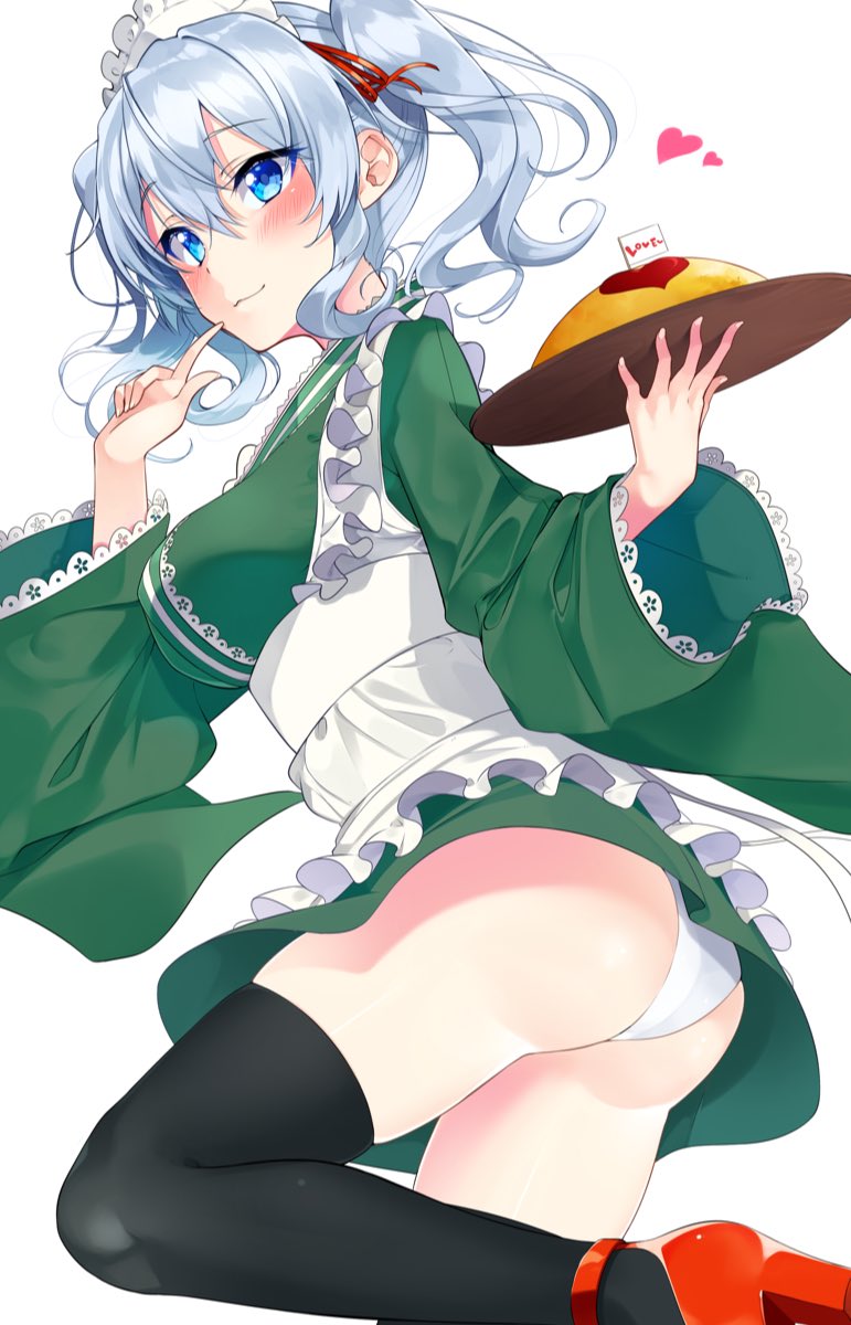 1girl :3 apron ass bangs black_legwear blush breasts closed_mouth english eyebrows_visible_through_hair flag food frilled_apron frills from_side green_kimono hair_between_eyes hand_up heart high_heels highres holding holding_tray index_finger_raised japanese_clothes kantai_collection kashima_(kantai_collection) kimono long_sleeves looking_at_viewer maid_headdress medium_breasts nezumi_doshi omurice panties pantyshot pantyshot_(standing) red_shoes shoes short_kimono simple_background smile solo standing standing_on_one_leg thigh-highs thighs tray twintails underwear upskirt wa_maid wavy_hair white_background white_panties wide_sleeves
