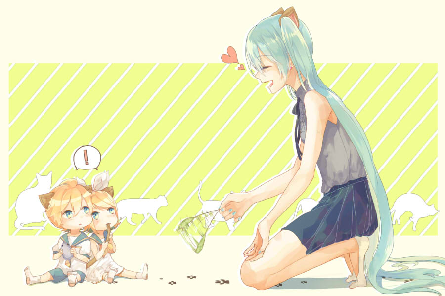 1boy 2girls animal_ears barefoot blonde_hair blue_eyes cat cat_ears cat_teaser closed_eyes green_hair hatsune_miku jam_(zamuchi) kagamine_len kagamine_rin long_hair looking_at_another multiple_girls open_mouth patterned_background paw_print sailor_collar shorts simple_background skirt sleeveless smile twintails very_long_hair vocaloid younger