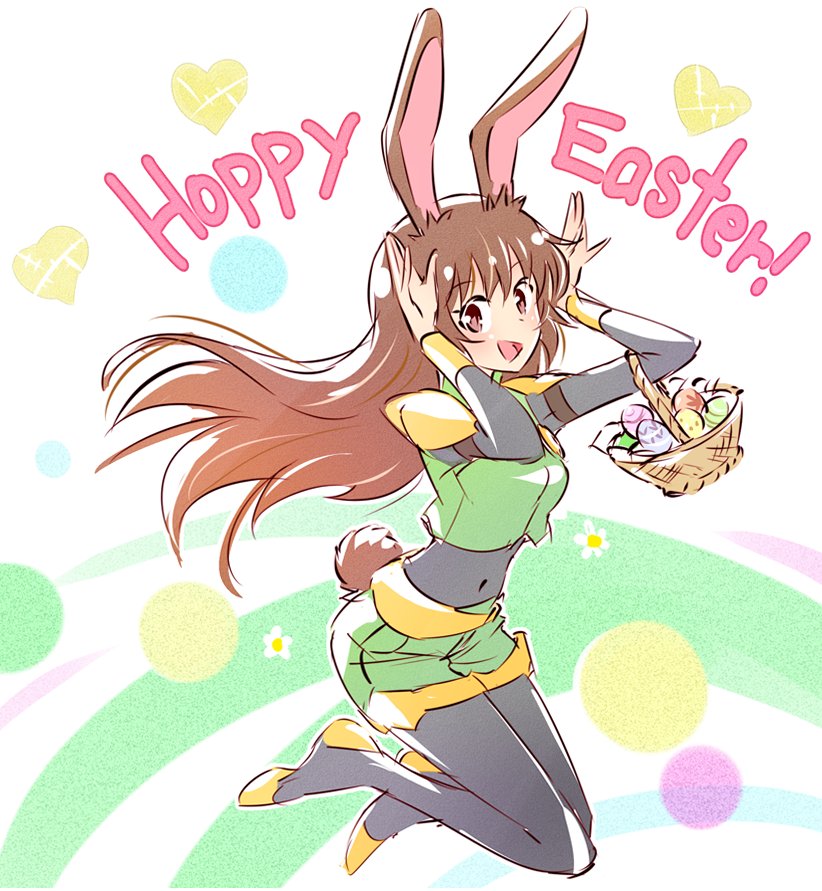 1girl animal_ears brown_eyes brown_hair bunny_girl bunny_tail easter_egg english happy_easter heart heart_background iesupa pauldrons rabbit_ears rwby shorts solo tail velvet_scarlatina