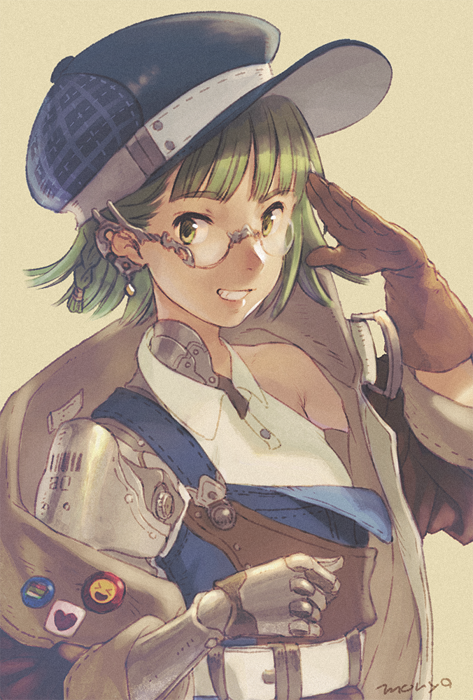 1girl badge button_badge cyborg glasses gloves green_eyes green_hair grin hat looking_at_viewer looking_to_the_side moryo original salute short_hair signature sketch smile solo