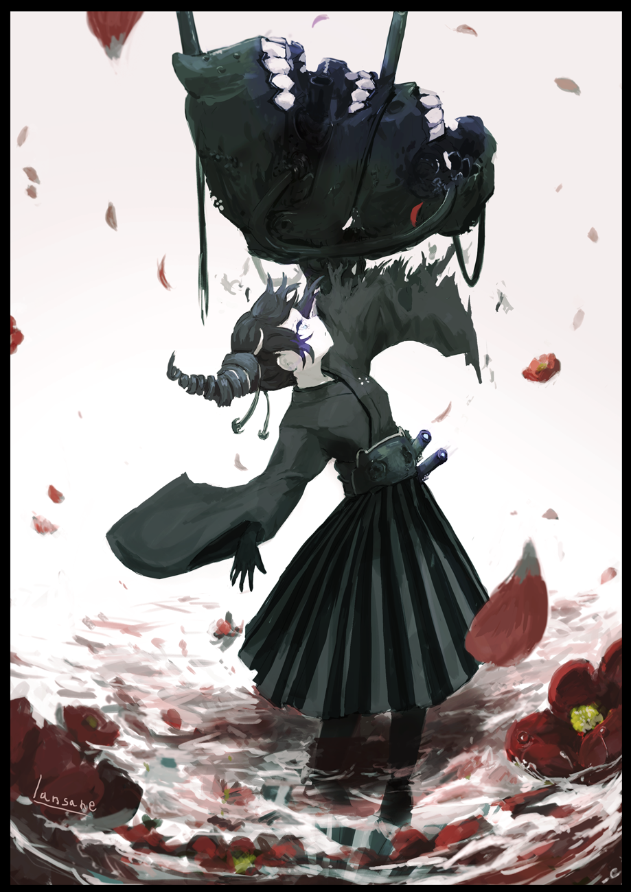 1girl anchor_hair_ornament ancient_destroyer_oni black_border black_gloves black_hair blue_eyes boots border drill_hair falling_petals flower_request from_side gloves glowing glowing_eyes hair_ornament hakama highres hose in_water japanese_clothes kantai_collection kimono lansane leaning_back looking_up meiji_schoolgirl_uniform pale_skin pointing pointing_up pointing_weapon red_flower shinkaisei-kan side_drill side_ponytail signature solo teeth torn_clothes torn_sleeve turret water white_background