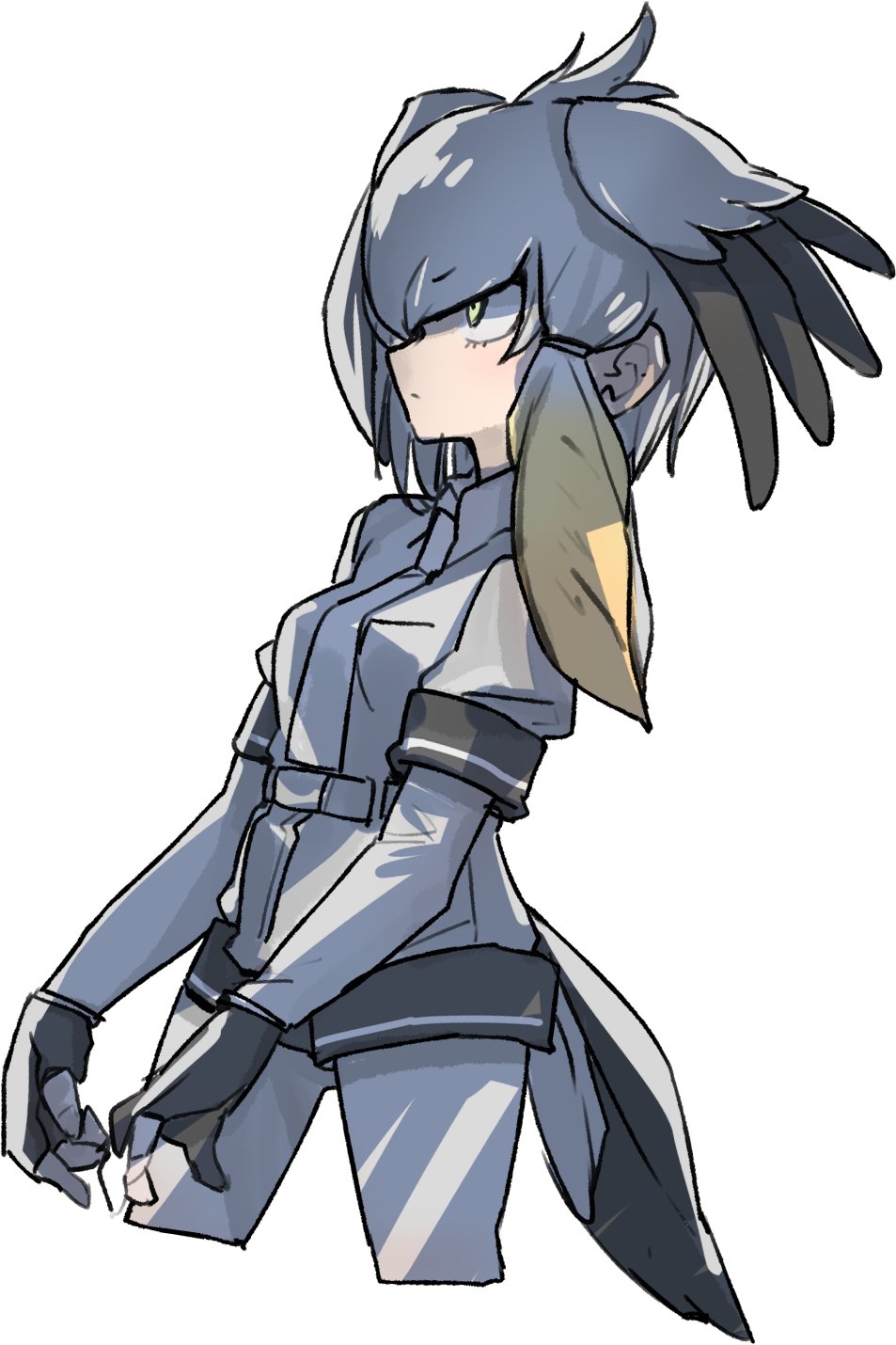&gt;:| 1girl :| belt bird_tail bird_wings black_gloves bodystocking closed_mouth cowboy_shot cropped_legs expressionless eyebrows_visible_through_hair eyelashes fingerless_gloves from_side gloves green_eyes grey_belt grey_hair grey_necktie hair_between_eyes hair_ornament head_wings highres kemono_friends long_hair looking_away low_ponytail multicolored_hair necktie orange_hair profile ritsu_(roboroboro) sanpaku shoebill_(kemono_friends) short_sleeves side_ponytail simple_background solo tail tsurime two-tone_hair unitard white_background wing_collar wings