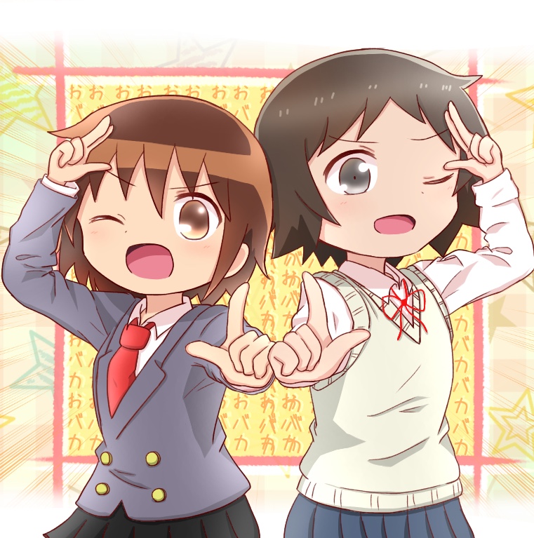 2girls akasaki_chinatsu angry black_eyes black_hair brown_eyes brown_hair crossover female_focus hobunsha j.c._staff joshi_kousei_no_mudazukai kadokawa_shoten kill_me_baby looking_at_viewer makura_shinsetsu necktie one_eye_closed open_mouth oribe_yasuna passione_(studio) school_uniform seiyuu_connection short_hair tanaka_nozomu tbs tiny_pupils tokyo_mx tomboy trait_connection wink