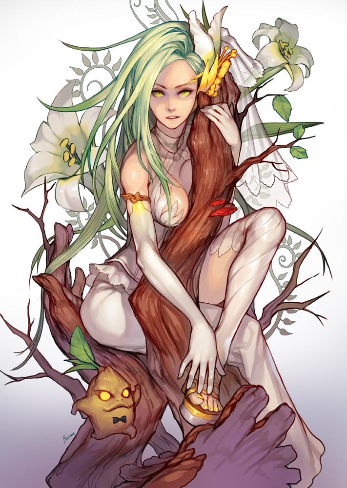 1girl artist_name black_bow black_bowtie bow bowtie branch breasts bridal_gauntlets cleavage dress elbow_gloves flower full_body gloves gradient gradient_background green_hair hair_flower hair_ornament league_of_legends lily_(flower) long_hair looking_at_viewer maokai medium_breasts nail_polish open_mouth racoona see-through white_dress yellow_eyes yellow_nails zyra