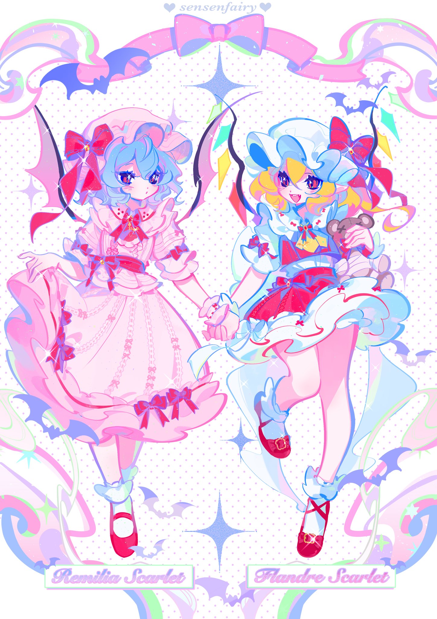 2girls :/ :d ascot bandages bangs bat bat_wings blonde_hair blush bow buckle character_name collared_dress commentary_request crystal dotted_background dress dress_bow english_text fang flandre_scarlet full_body hair_between_eyes hakurei_reimu hat hat_ribbon highres holding holding_hands holding_stuffed_toy legs looking_at_another mary_janes mob_cap multiple_girls open_mouth pink_dress pointy_ears puffy_short_sleeves puffy_sleeves red_bow red_eyes red_footwear red_neckwear red_ribbon red_skirt red_vest ribbon rourow shoes short_hair short_sleeves siblings sisters skirt slit_pupils smile socks sparkle standing standing_on_one_leg stuffed_animal stuffed_toy teddy_bear teeth thighs touhou upper_teeth vest white_background white_legwear wing_collar wings wrist_cuffs yellow_neckwear