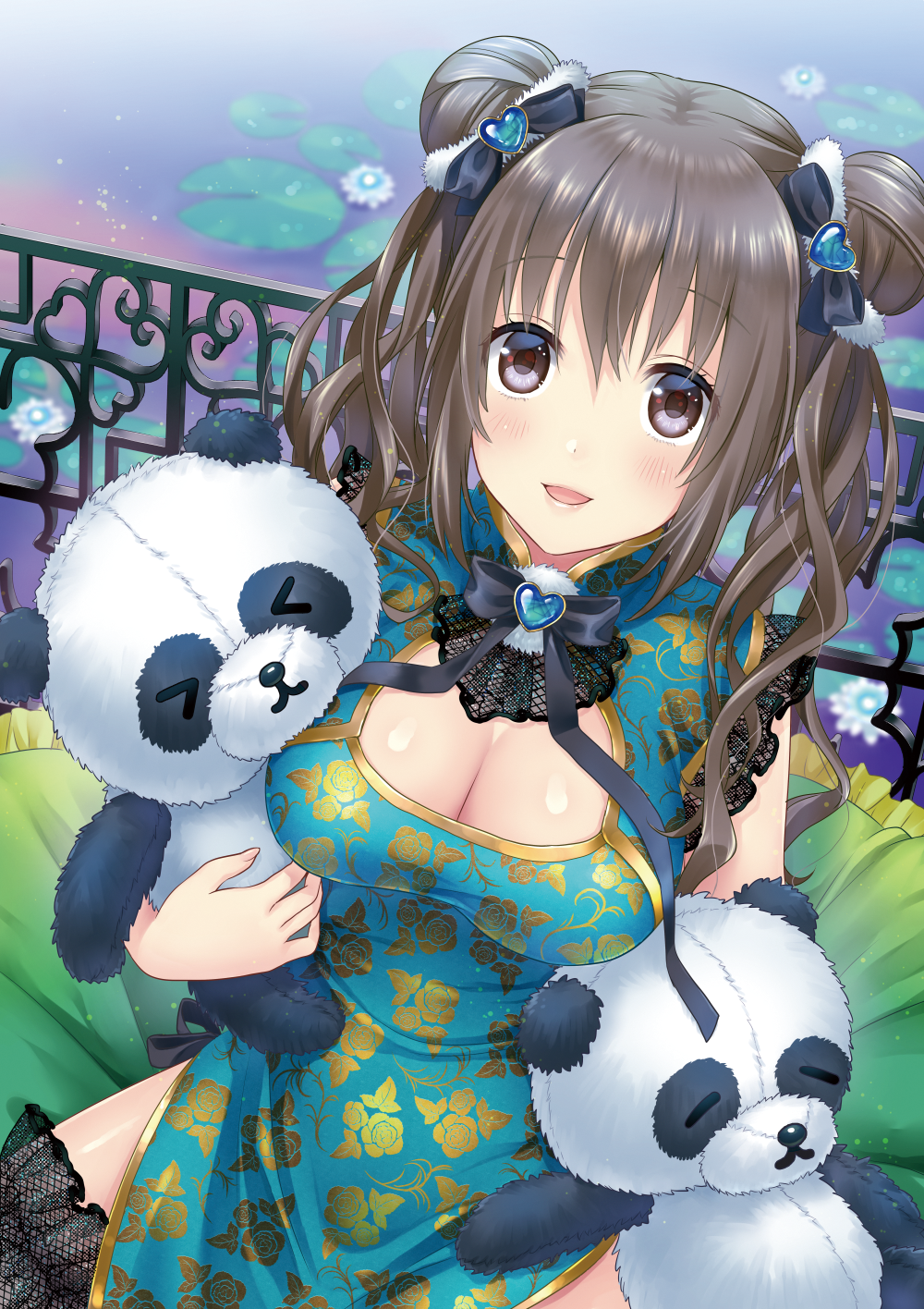 &gt;_&lt; 1girl :&lt; =_= bangs black_ribbon blush breasts brown_eyes brown_hair center_opening china_dress chinese_clothes cleavage cleavage_cutout closed_eyes daidai_jamu double_bun dress dutch_angle eyebrows_visible_through_hair hair_between_eyes heart highres holding holding_stuffed_animal large_breasts legs_apart lily_pad long_hair looking_at_viewer object_hug open_mouth original outdoors railing revision ribbon smile solo stuffed_animal stuffed_panda stuffed_toy thigh-highs wavy_hair