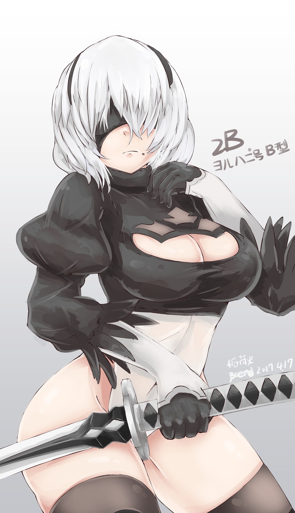 1girl b.d black_gloves black_legwear blindfold breasts cleavage cleavage_cutout covered_navel dress gloves hairband high_heels highres leotard medium_breasts mole mole_under_mouth nier_(series) nier_automata open-back_dress short_hair solo thigh-highs thighs white_gloves white_hair yorha_no._2_type_b