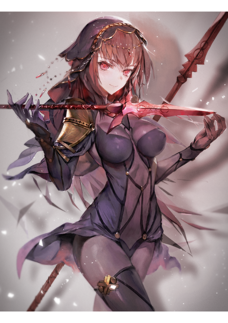 1girl armor bodysuit breasts covered_navel cowboy_shot fate/grand_order fate_(series) gae_bolg holding holding_weapon hong impossible_clothes large_breasts lips long_hair looking_at_viewer pauldrons polearm purple_bodysuit purple_hair red_eyes scathach_(fate/grand_order) shoulder_armor spear veil very_long_hair weapon