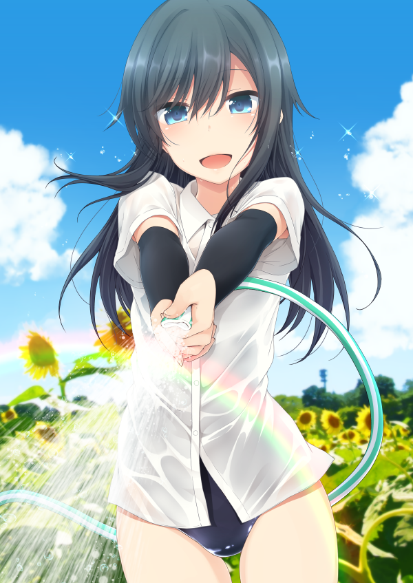 1girl :d arm_warmers armpit_peek asashio_(kantai_collection) bangs black_hair blue_eyes blue_sky blurry clouds cowboy_shot day depth_of_field dress_shirt eyebrows_visible_through_hair flower hose kantai_collection long_hair nagami_yuu one-piece_swimsuit open_mouth outdoors plant rainbow see-through shirt short_sleeves sky smile solo sparkle sunflower swimsuit swimsuit_under_clothes water wet wet_clothes wet_shirt