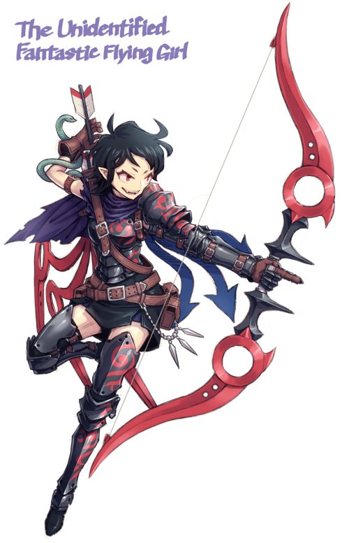 1girl :d ahoge armor armored_dress arrow asymmetrical_wings belt belt_buckle black_dress black_hair black_legwear blue_cape bow_(weapon) breastplate brown_gloves buckle cape dress english fangs full_body gauntlets gloves greaves houjuu_nue meitei open_mouth pauldrons pointy_ears pouch quiver red_eyes short_dress smile snake solo thigh-highs touhou weapon white_background wings zettai_ryouiki