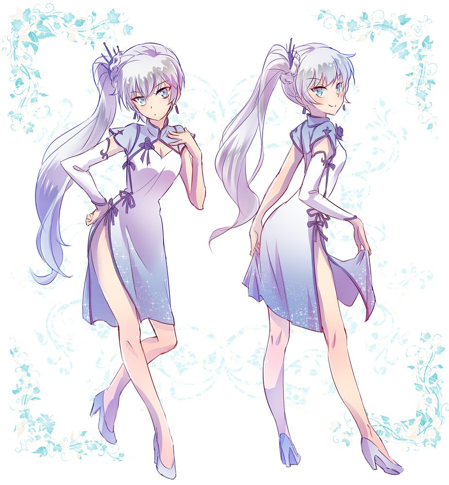1girl blue_eyes breasts china_dress chinese_clothes cleavage commentary dress earrings eye_scar gloves high_heels iesupa jewelry ponytail rwby single_glove solo weiss_schnee white_dress white_hair