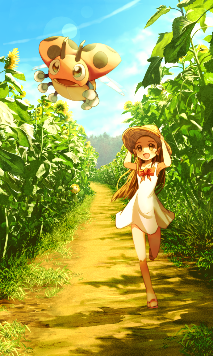 1girl :d armpits arms_up bare_arms bare_legs bare_shoulders bow bowtie brown_eyes brown_hair brown_hat clouds collarbone commentary_request day dress error field flower flower_field full_body green_eyes gym_leader hat holding holding_hat ledyba lens_flare light_rays long_hair mikan_(pokemon) no_legwear no_socks one_leg_raised open_mouth path plant pokemon pokemon_(creature) pokemon_(game) pokemon_hgss red_bow red_bowtie revision ribero road running sandals shadow sleeveless sleeveless_dress smile summer sun_hat sundress sunflora sunflower sunlight wrong_feet younger