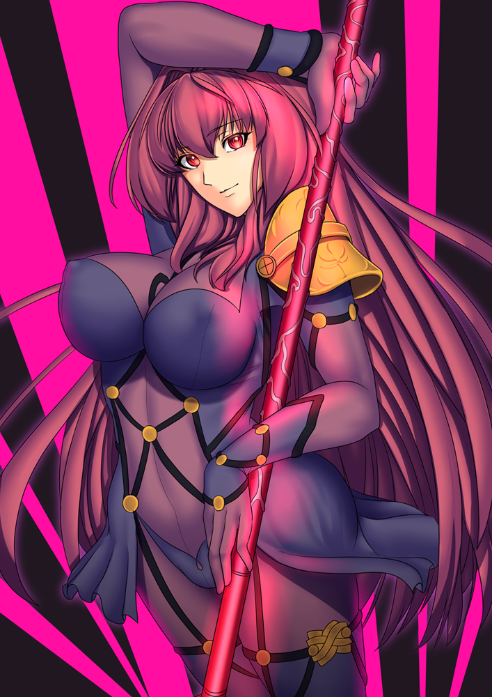 1girl armor bodysuit breasts covered_navel erect_nipples fate/grand_order fate_(series) gae_bolg holding holding_weapon large_breasts long_hair looking_at_viewer polearm purple_bodysuit purple_hair red_eyes scathach_(fate/grand_order) shoulder_armor solo spear very_long_hair weapon yui_sora