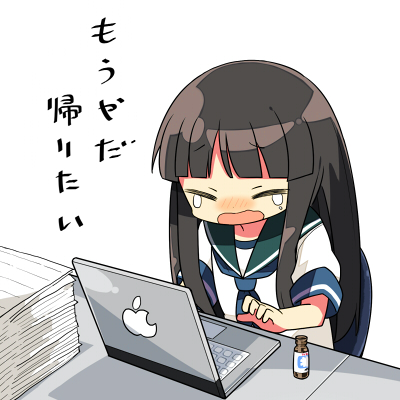 1girl apple_inc. blue_neckerchief blush closed_eyes commentary_request computer energy_drink hatsuyuki_(kantai_collection) kanikama kantai_collection laptop long_hair lowres neckerchief paper_stack school_uniform serafuku short_sleeves solo tears translated wavy_mouth