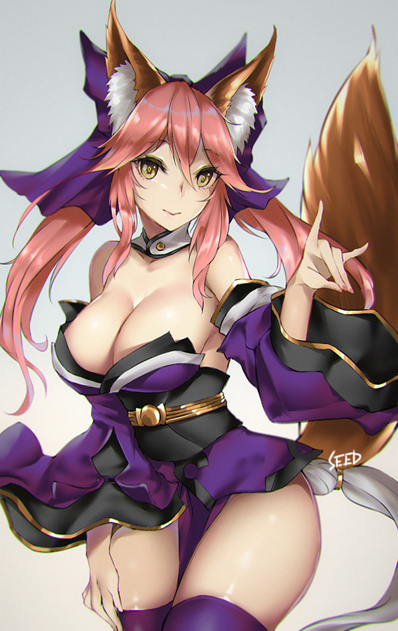 1girl animal_ears bare_shoulders breasts cleavage fate_(series) finger_puppet fox_ears fox_tail large_breasts long_hair looking_at_viewer pink_hair puppet purple_legwear solo tail tamamo_(fate)_(all) tamamo_no_mae_(fate) thighs viola_(seed) yellow_eyes