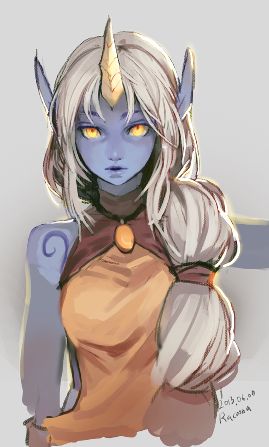 1girl artist_name blue_skin dated horn jewelry league_of_legends long_hair looking_at_viewer necklace pointy_ears ponytail racoona sketch soraka tattoo upper_body very_long_hair white_hair yellow_eyes