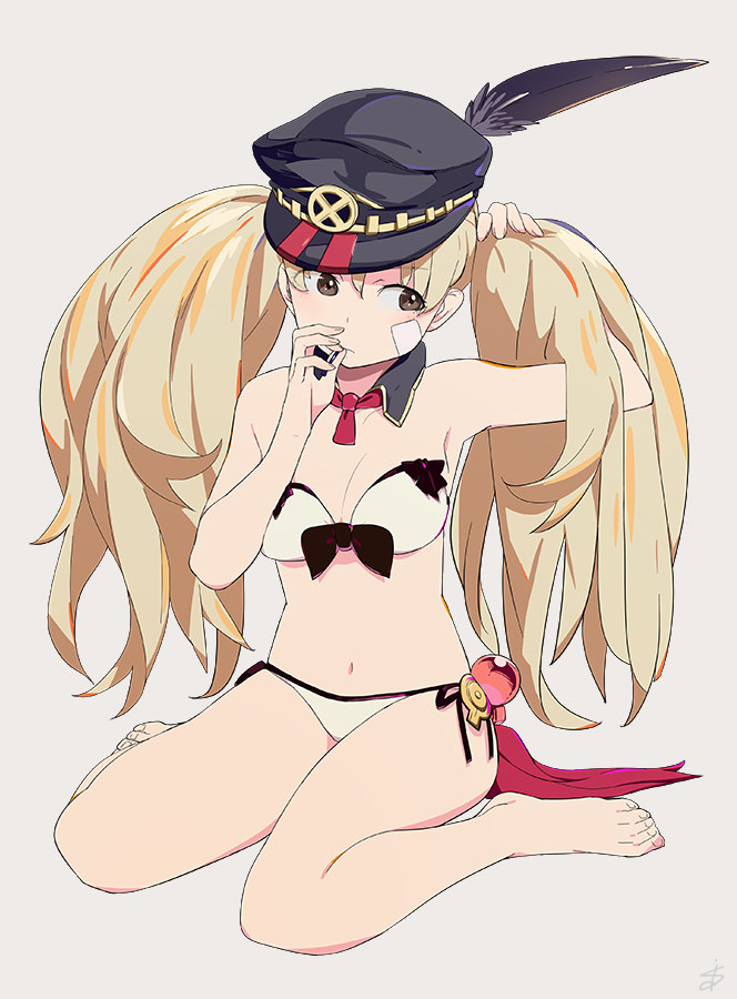 1girl adjusting_hair arm_up bare_shoulders barefoot bikini blonde_hair breasts cleavage detached_collar feathers front-tie_top granblue_fantasy hat hat_feather holding holding_hair long_hair looking_to_the_side medium_breasts monica_(granblue_fantasy) mouth_hold navel open_mouth peaked_cap side-tie_bikini signature sitting so_shina solo swimsuit twintails tying_hair wariza white_bikini