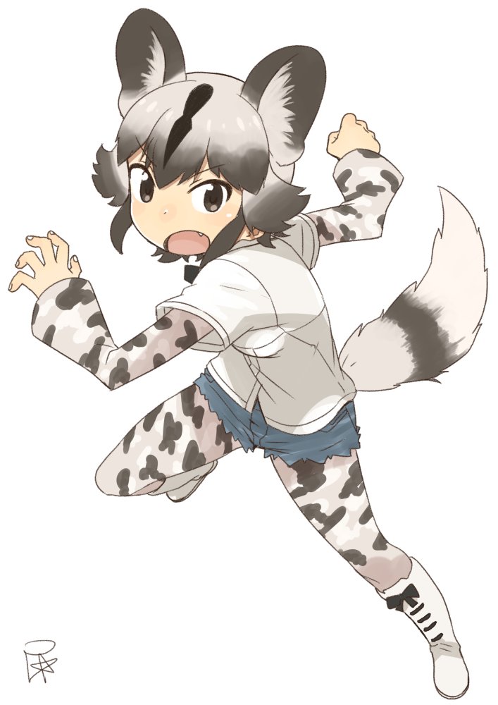 &gt;:o :o african_wild_dog_(kemono_friends) african_wild_dog_ears african_wild_dog_print african_wild_dog_tail animal_ears black_hair black_ribbon blonde_hair boots brown_eyes brown_hair clenched_hand denim denim_shorts dot_nose eyebrows_visible_through_hair fang fingernails full_body gradient_hair hands_up jumping kemono_friends leg_lift looking_at_viewer multicolored_hair neck_ribbon open_hand open_mouth pantyhose pantyhose_under_shorts ribbon satsuyo shirt shoe_ribbon short_hair short_over_long_sleeves short_shorts shorts sidelocks signature simple_background tail tsurime white_background white_boots white_footwear white_shirt