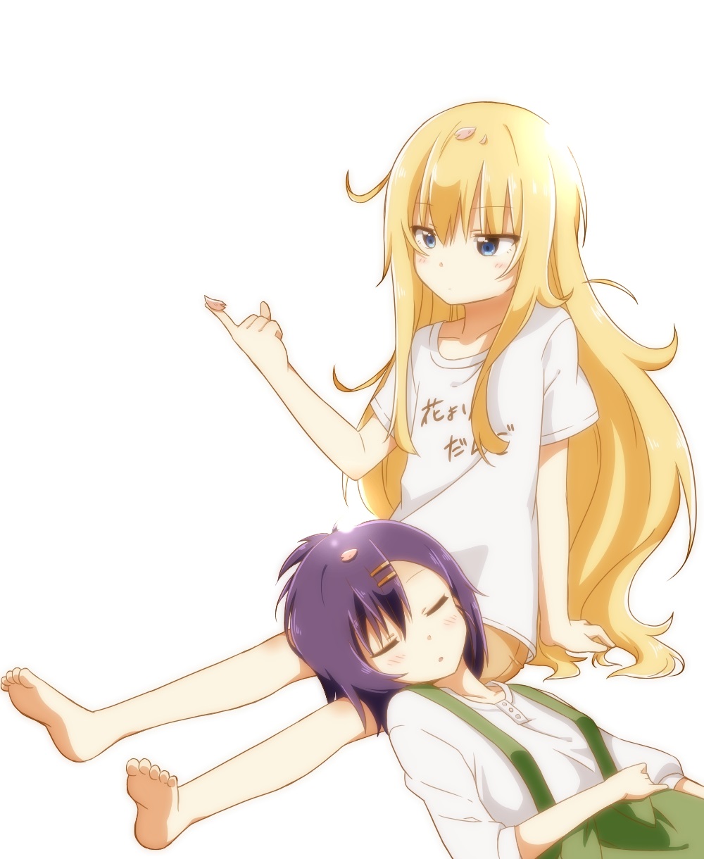 2girls barefoot blonde_hair blue_eyes blush cherry_blossoms closed_eyes closed_mouth clothes_writing collarbone eyebrows_visible_through_hair gabriel_dropout hair_between_eyes hair_ornament hairclip highres kuro_neko_(artist) lap_pillow multiple_girls parted_lips petals purple_hair shirt short_sleeves simple_background sitting sleeping t-shirt tenma_gabriel_white translation_request tsukinose_vignette_april white_background white_shirt