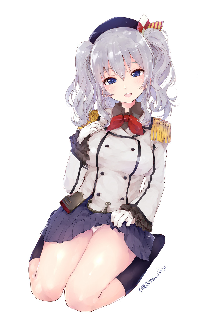 1girl :d bangs beret black_legwear black_shirt blue_skirt blush breasts collared_shirt double-breasted epaulettes eyebrows_visible_through_hair frilled_sleeves frills full_body fushimi_sameta gloves grey_hair hair_between_eyes hat head_tilt highres kantai_collection kashima_(kantai_collection) kneehighs long_sleeves looking_at_viewer medium_breasts military military_uniform neckerchief open_mouth panties pleated_skirt red_neckerchief seiza shirt simple_background sitting skirt skirt_lift smile solo translation_request twintails underwear uniform wavy_hair white_background white_gloves white_panties wing_collar