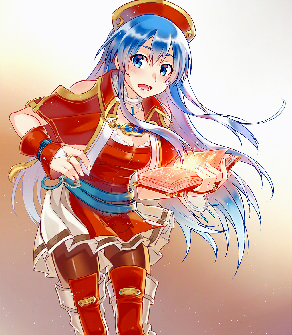 1girl bare_shoulders black_legwear blue_eyes blue_hair blush book boots breasts capelet cleavage cowboy_shot dress fingerless_gloves fire_emblem fire_emblem:_fuuin_no_tsurugi gloves glowing hat jewelry lilina long_hair looking_at_viewer medium_breasts open_mouth pantyhose ring smile solo standing thigh-highs thigh_boots yuki_(sumaburalove)
