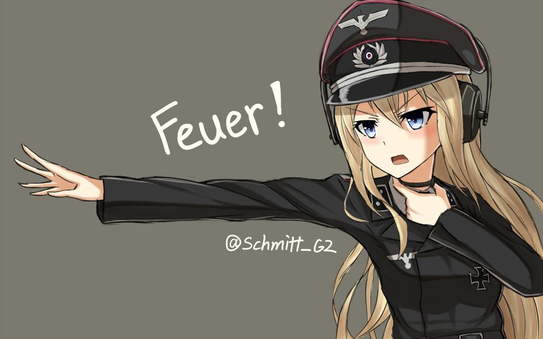 1girl alternate_costume bismarck_(kantai_collection) blonde_hair blue_eyes german hat headphones iron_cross kantai_collection military military_hat military_uniform open_mouth outstretched_arm peaked_cap rabochicken simple_background solo translated twitter_username uniform upper_body world_war_ii