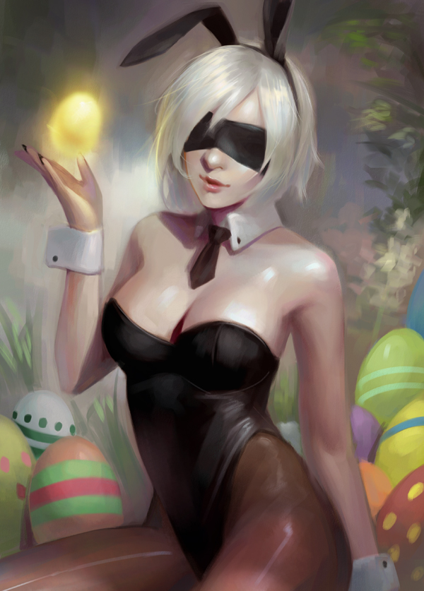 1girl animal_ears bare_shoulders black_legwear blindfold breasts bunnysuit cleavage detached_collar easter_egg egg leotard medium_breasts mini_necktie nail_polish necktie nier_(series) nier_automata pantyhose phamoz rabbit_ears short_hair silver_hair sitting smile solo wrist_cuffs yorha_no._2_type_b