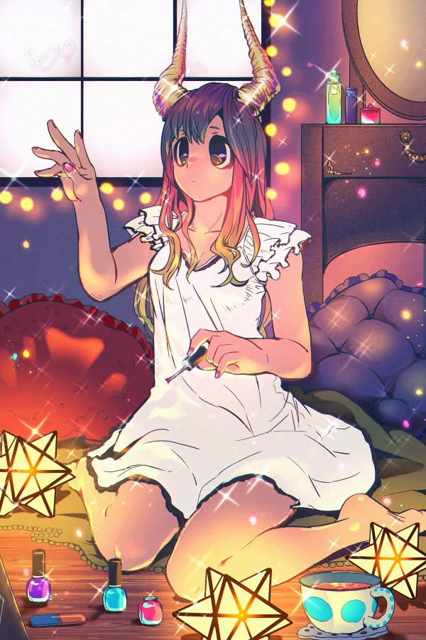 1girl barefoot bedroom blonde_hair blue_hair boku_no_hero_academia bottle brown_eyes character_name cup expressionless frilled_pillow frills gradient_hair hand_up heart horns image_sample indoors long_hair looking_away mirror multicolored_hair nail_polish nail_polish_bottle nightgown on_floor onion_pickles perfume_bottle pillow pink_hair pink_nails purple_hair sitting sleeveless solo sparkle tea teacup tsunotori_pony wariza window