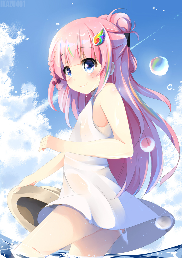 1girl agung_syaeful_anwar artist_name beige_hat blue_eyes blush bow braid bubble commentary eyebrows_visible_through_hair hair_bow hair_ornament hat long_hair looking_at_viewer original partially_submerged pink_hair purple_bow smile solo sun_hat wet