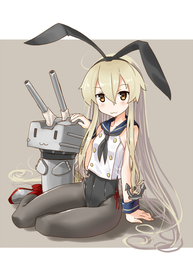 1girl :3 adapted_costume anchor_hair_ornament animal_ears black_legwear black_leotard black_necktie blonde_hair blue_sailor_collar brown_eyes bunny_tail bunnysuit crop_top hair_between_eyes hair_ornament kantai_collection katahira_masashi leotard long_hair necktie no_nose pantyhose rabbit_ears rensouhou-chan shimakaze_(kantai_collection) sitting sketch tail wrist_cuffs yokozuwari