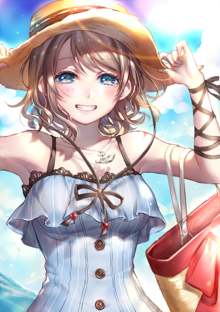 1girl anchor_necklace armpit_peek arms_up bag bare_arms bare_shoulders black_ribbon blue_eyes blue_shirt blue_sky brown_hair buttons commentary day grin hands_on_headwear happy_birthday hat highres jewelry lens_flare lips lma looking_at_viewer love_live! love_live!_sunshine!! necklace outdoors ribbon shirt short_hair sky sleeveless sleeveless_shirt smile solo straw_hat striped striped_shirt upper_body watanabe_you wavy_hair wrist_ribbon
