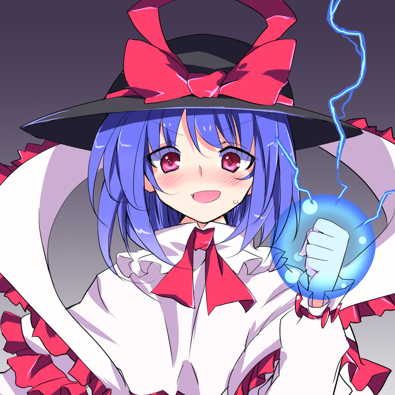 &gt;:d 1girl :d blush capelet clenched_hand electricity glowing_fist hat ichimura_kanata long_sleeves looking_at_viewer looking_down nagae_iku open_mouth purple_hair red_eyes shawl smile solo sweat tareme touhou