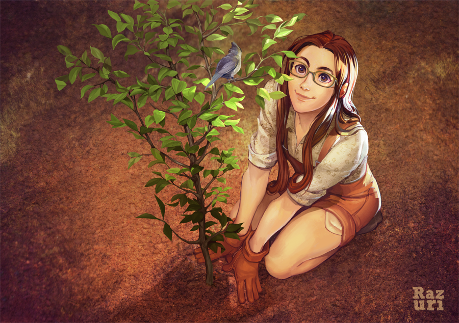 1girl bare_legs bird brown_eyes brown_gloves brown_hair dirt forehead from_above full_body gardening glasses gloves grey-framed_eyewear hands_together kneeling leather leather_gloves lips looking_at_another looking_up on_ground original outdoors overall_shorts overalls print_shirt sandra_chlewinska seiza shirt sitting sleeves_rolled_up smile solo thick_eyebrows tree