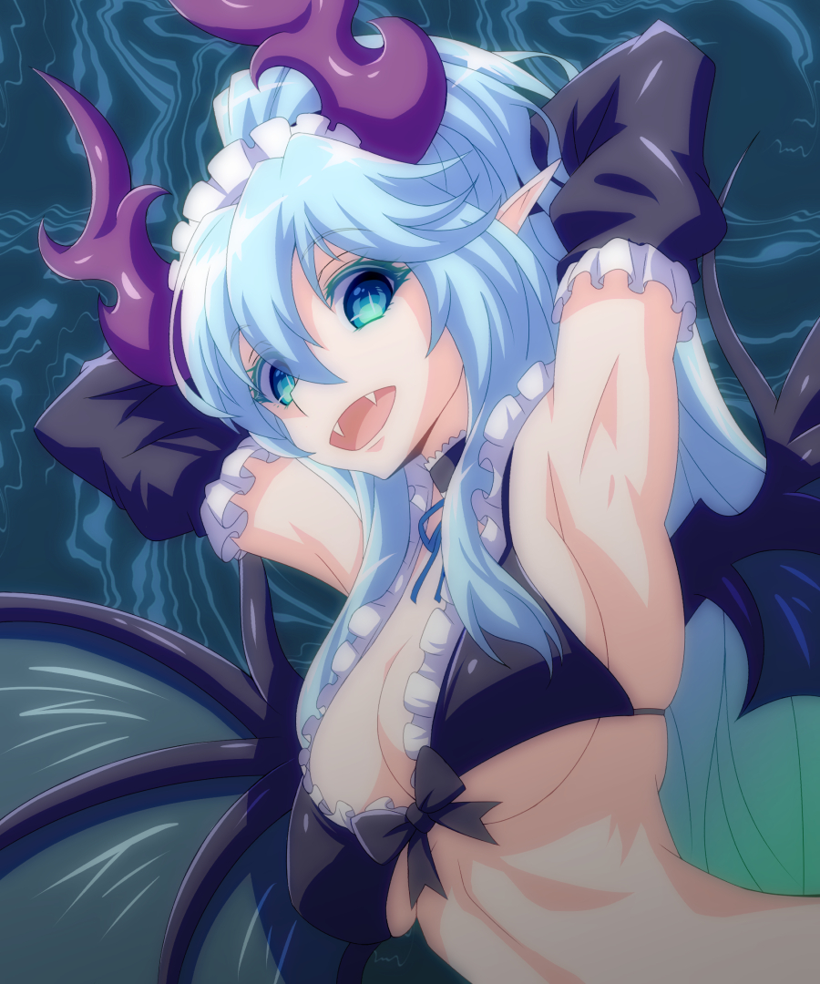 1girl :d armpits arms_behind_head arms_up black_bra blue_eyes blue_hair blue_ribbon bra breasts choker cleavage demon_girl demon_horns demon_wings detached_sleeves fangs frilled_bra frilled_choker frills hair_between_eyes horns large_breasts looking_at_viewer maid_headdress midriff neck_ribbon open_mouth original ponytail quatre_aaaa ribbon sidelocks smile solo under_boob underwear upper_body wings