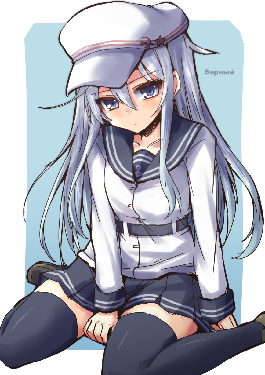 1girl belt blue_eyes flat_cap hammer_and_sickle hat hibiki_(kantai_collection) highres kantai_collection long_hair red_star remodel_(kantai_collection) school_uniform serafuku shinshin shoes sketch skirt solo thigh-highs verniy_(kantai_collection) white_hair