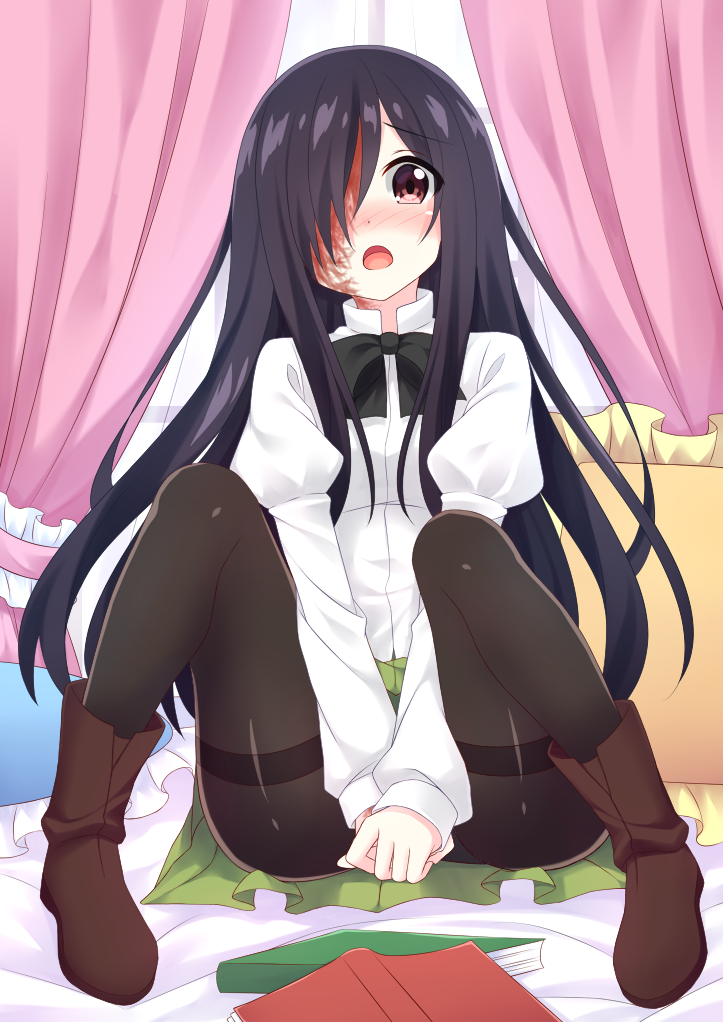 bed black_legwear blush book burn_scar commentary covering covering_crotch crotch_grab embarrassed green_skirt high_boots ikezawa_hanako katawa_shoujo kitsuneco long_hair looking_at_viewer on_bed one_eye_covered open_mouth panties panties_under_pantyhose pantyhose purple_hair red_eyes scar school_uniform shirt sitting sitting_on_bed skirt thighband_pantyhose underwear white_shirt