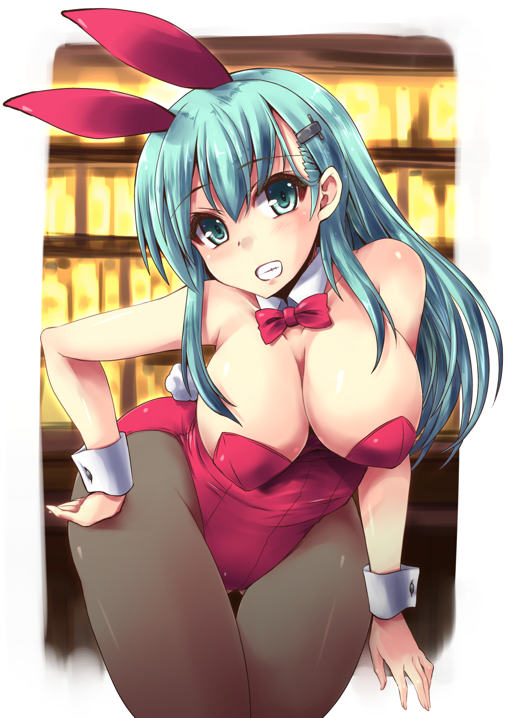 1girl alternate_costume animal_ears aqua_eyes aqua_hair arm bare_arms bare_shoulders blush bow bowtie breasts bunny_girl bunny_tail bunnysuit cleavage clenched_teeth curvy detached_collar fake_animal_ears female grin hair_ornament hairclip hanging_breasts highres kantai_collection large_breasts leaning leaning_forward legs leotard long_hair looking_at_viewer pantyhose playboy_bunny_leotard rabbit_ears red_bow red_leotard shinshin smile solo standing strapless strapless_leotard suzuya_(kantai_collection) tail teeth thigh_gap wide_hips wrist_cuffs