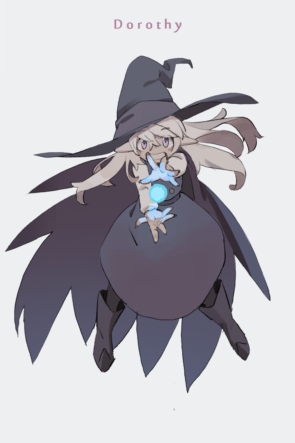 1girl :d black_boots black_cape black_dress black_hat black_legwear blonde_hair blush_stickers boots cape crusaders_quest dorothy_(crusaders_quest) dress foreshortening full_body grey_background hair_between_eyes hat highres knee_boots leaning_forward long_hair long_sleeves looking_at_viewer magic open_mouth outstretched_arm pantyhose simple_background smile solo sphere violet_eyes whitebear witch witch_hat