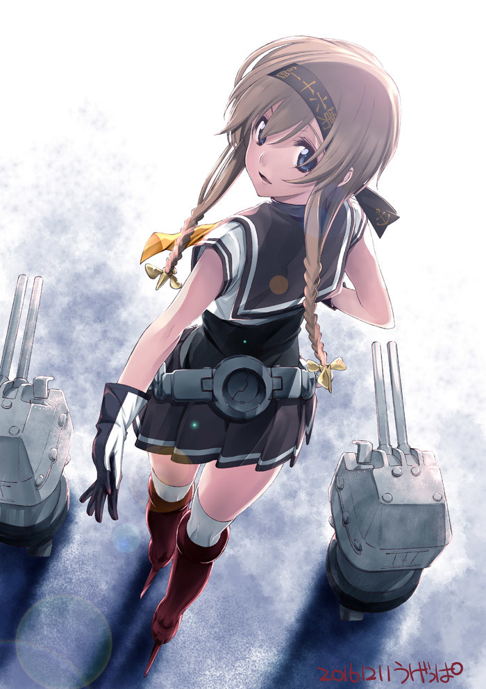 1girl artist_name bangs black_skirt blue_eyes boots braid brown_hair commentary dated from_above from_behind hair_between_eyes hair_ornament high_heel_boots high_heels kantai_collection knee_boots long_hair looking_at_viewer looking_back neckerchief outstretched_arm over-kneehighs pleated_skirt propeller_hair_ornament red_boots school_uniform serafuku shadow skirt solo teruzuki_(kantai_collection) thigh-highs twin_braids ugeppa walking white_legwear