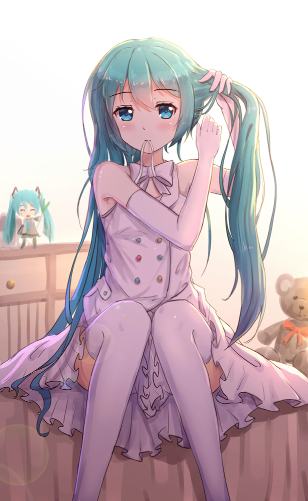 1girl adjusting_hair aqua_eyes aqua_hair blush byakuya_reki character_doll elbow_gloves expressionless gloves hatsune_miku lens_flare long_hair looking_at_viewer mouth_hold revision ribbon_in_mouth sitting solo spring_onion stuffed_animal stuffed_toy teddy_bear thigh-highs twintails very_long_hair vocaloid