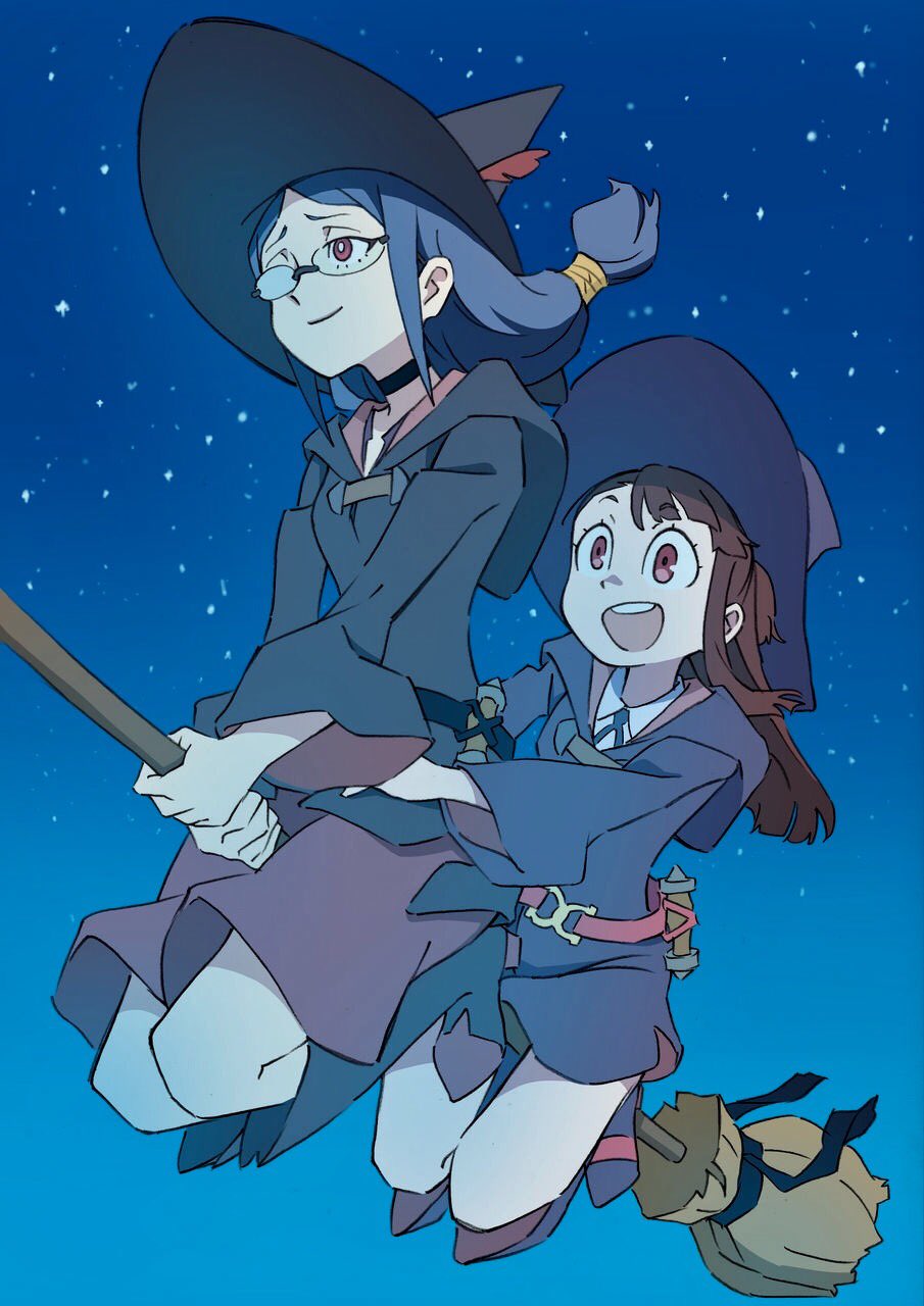 2girls age_difference arai_hiroki bare_legs belt black_choker black_hoodie blue_hair boots broom brown_hair choker closed_mouth collared_shirt dress female floating_hair flying full_body glasses happy hat highres hood hoodie hug hug_from_behind kagari_atsuko legs little_witch_academia long_hair long_sleeves low-tied_long_hair multiple_girls neck night night_sky open_mouth red_eyes riding shirt skirt sky smile star_(sky) starry_sky teacher_and_student ursula_(little_witch_academia) wide_sleeves witch witch_hat