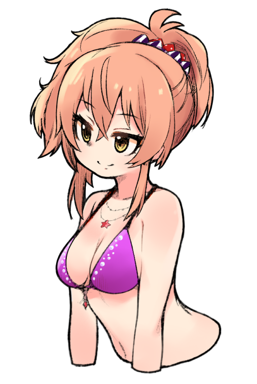 1girl bikini blush breasts cleavage cropped_arms cropped_torso idolmaster idolmaster_cinderella_girls jewelry jougasaki_mika medium_breasts moru_(monaka) navel necklace orange_hair ponytail simple_background smile solo swimsuit upper_body white_background yellow_eyes