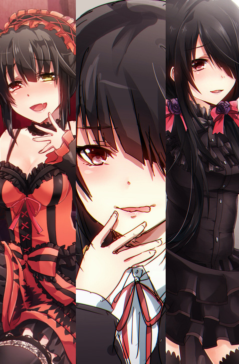1girl :d bare_shoulders black_hair blush bow bowtie breasts choker cleavage date_a_live detached_sleeves dress fingers_to_chin flower garter_straps gothic_lolita grey_background hair_flower hair_ornament hair_over_one_eye hairband heterochromia keita_(tundereyuina) layered_dress licking_lips lolita_fashion lolita_hairband long_hair long_sleeves looking_at_viewer medium_breasts open_mouth red_bow red_bowtie red_dress red_eyes ribbon ribbon_choker rose smile solo thigh-highs tokisaki_kurumi tongue tongue_out tsurime twintails yellow_eyes zettai_ryouiki