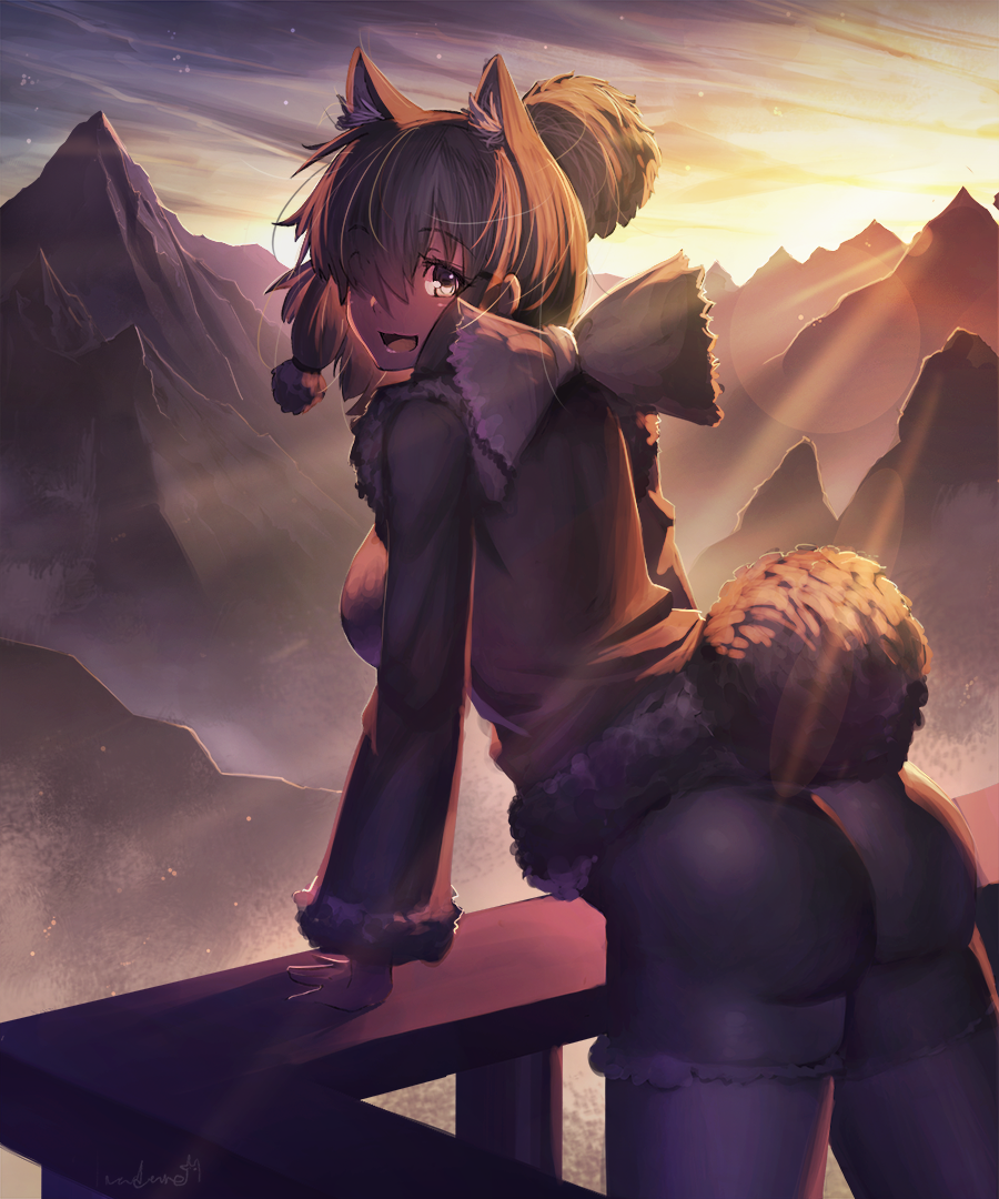 1girl alpaca_ears alpaca_suri_(kemono_friends) animal_ears arm_support ass backlighting bangs blonde_hair blue_eyes blush breasts cowboy_shot evening from_side fur_collar fur_trim hair_over_one_eye kemono_friends large_breasts leaning_forward long_sleeves looking_at_viewer mountain nadare-san_(nadare3nwm) open_mouth outdoors pantyhose ponytail short_hair short_ponytail shorts sidelocks sky thighs