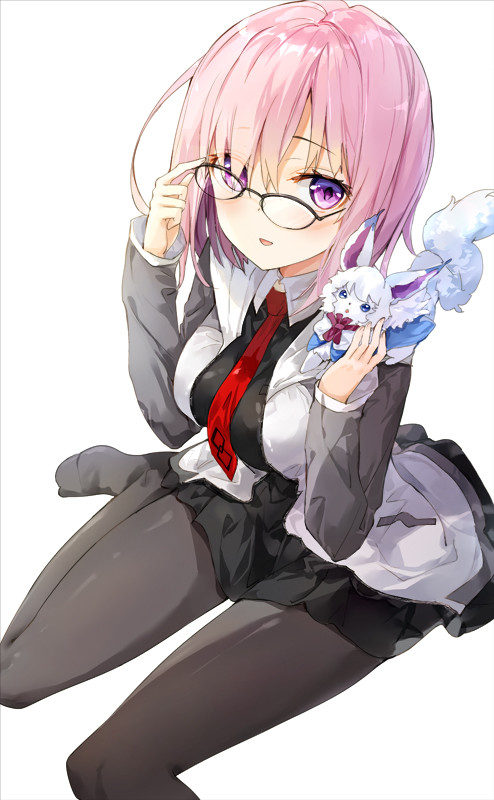 1girl adjusting_glasses bangs between_breasts black-framed_eyewear black_dress black_legwear blush breasts collared_shirt commentary_request dress eyebrows_visible_through_hair fate/grand_order fate_(series) fou_(fate/grand_order) fuumi_(radial_engine) glasses hair_over_one_eye hands_up hood hoodie large_breasts lavender_hair looking_at_viewer necktie necktie_between_breasts no_shoes on_shoulder open_clothes open_hoodie over-rim_glasses pantyhose parted_lips pink_hair red_necktie semi-rimless_glasses shielder_(fate/grand_order) shirt short_hair simple_background sitting smile solo violet_eyes white_background white_shirt wing_collar