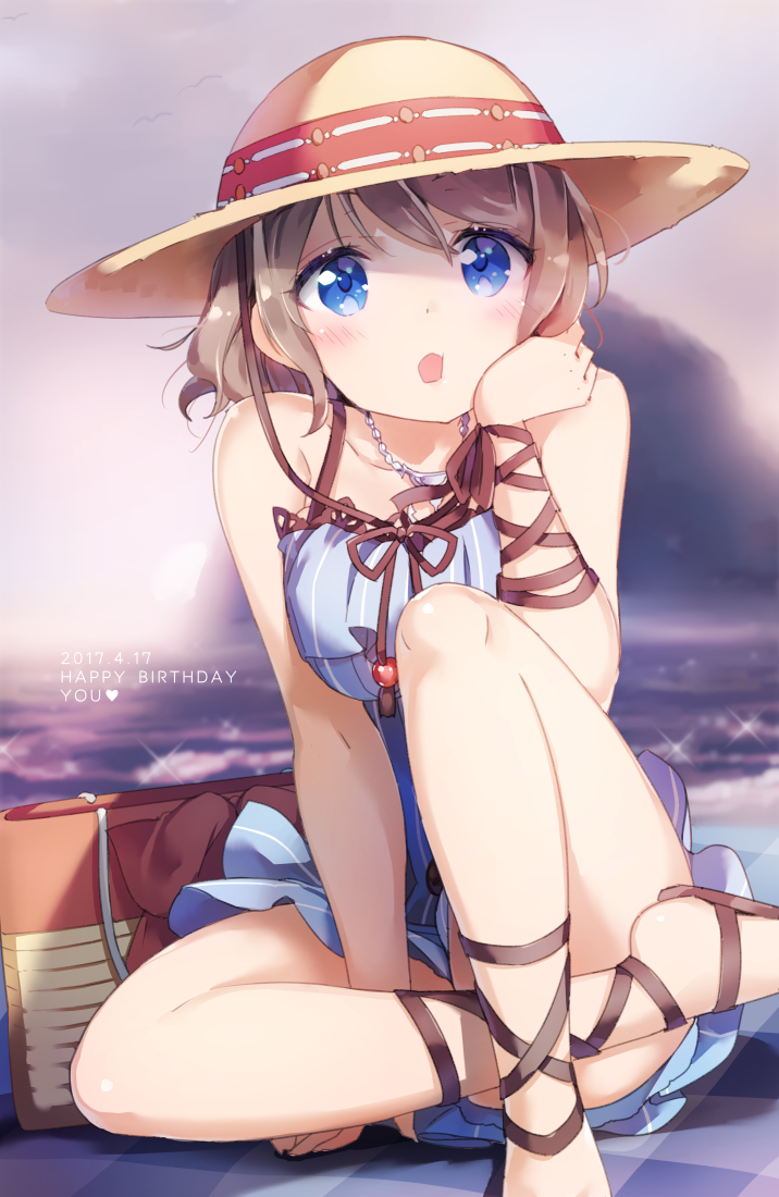1girl blue_eyes blurry blush dated depth_of_field grey_hair happy_birthday hat looking_at_viewer love_live! love_live!_sunshine!! micopp ocean open_mouth short_hair solo sparkle straw_hat watanabe_you