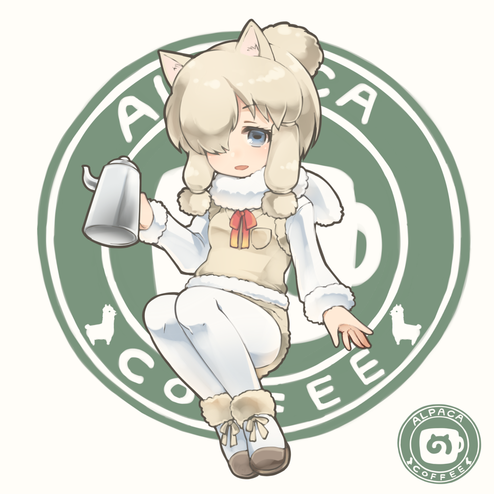 1girl :d alpaca alpaca_ears alpaca_suri_(kemono_friends) animal animal_ears ankle_boots arm_at_side bangs beige_background beige_ribbon beige_shorts beige_vest blonde_hair blue_eyes blush boots breast_pocket character_name collar cup english eyebrows_visible_through_hair eyelashes full_body fur-trimmed_boots fur-trimmed_sleeves fur-trimmed_vest fur_collar fur_trim gradient_ribbon hair_bun hair_ornament hair_over_one_eye hair_ribbon hand_up holding invisible_chair japari_symbol kemono_friends kettle legs_together logo long_sleeves looking_at_viewer multicolored multicolored_ribbon nao_(necomugi) neck_ribbon open_mouth pantyhose pantyhose_under_shorts pocket red_ribbon ribbon shiny shiny_hair shiny_skin shirt shoe_ribbon short_hair shorts sidelocks simple_background sitting smile solo swept_bangs tareme teacup tress_ribbon vest white_boots white_footwear white_legwear white_shirt yellow_ribbon